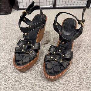 Coach Black and Brown Wedge Sandals